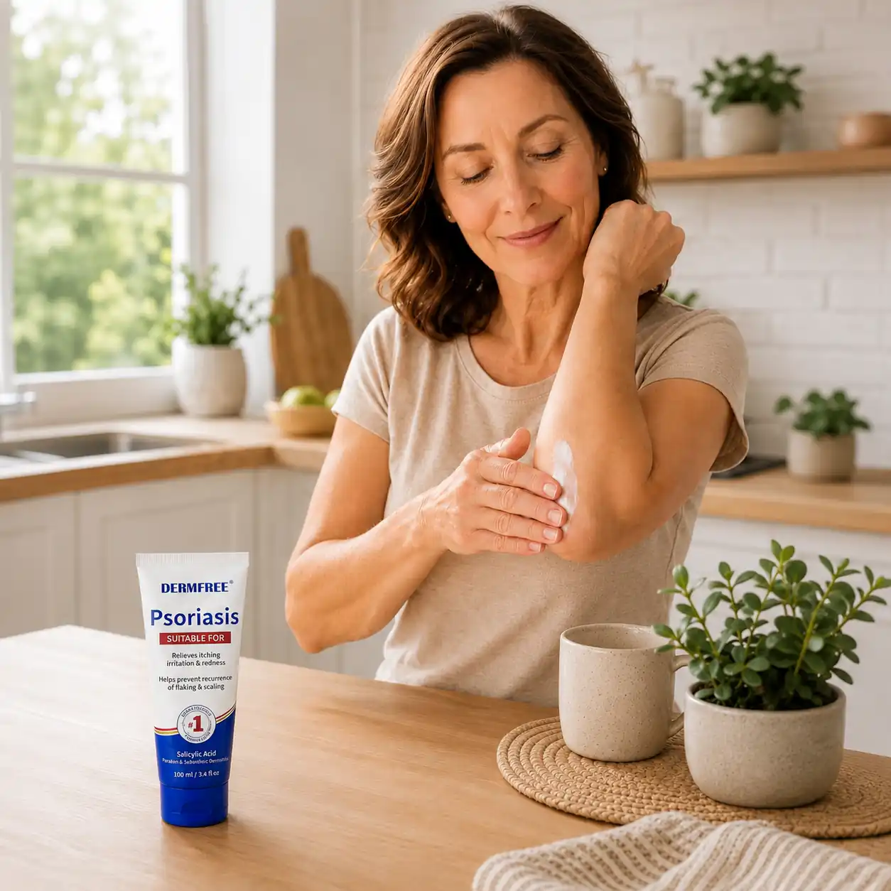 Dermfree krém felvitele a könyökre, világos konyhában